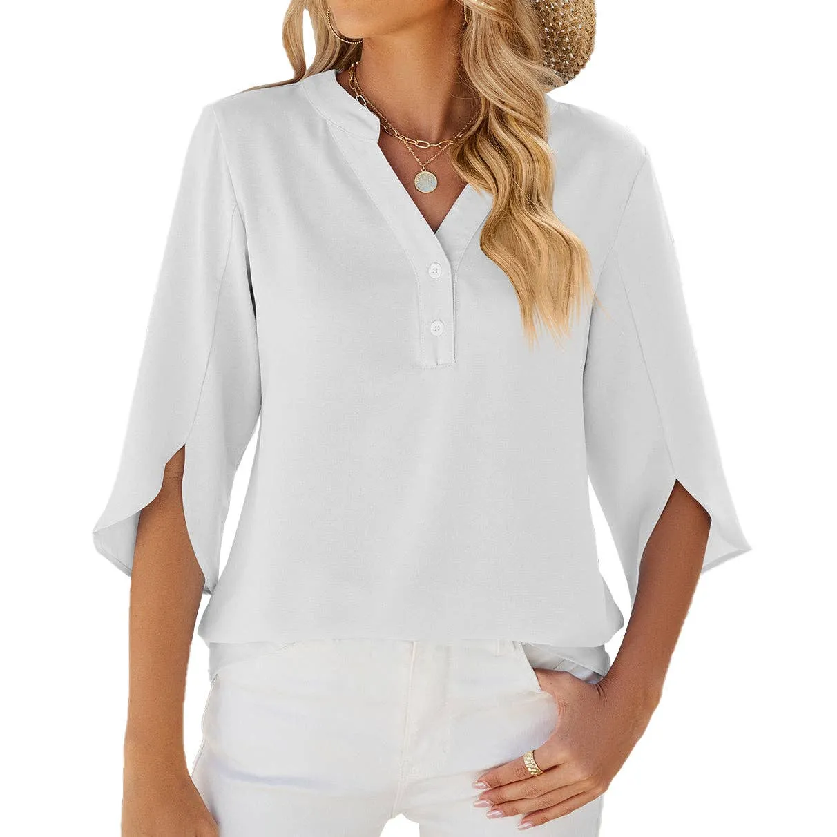 V-neck 3/4 Bell Sleeve Chiffon Top