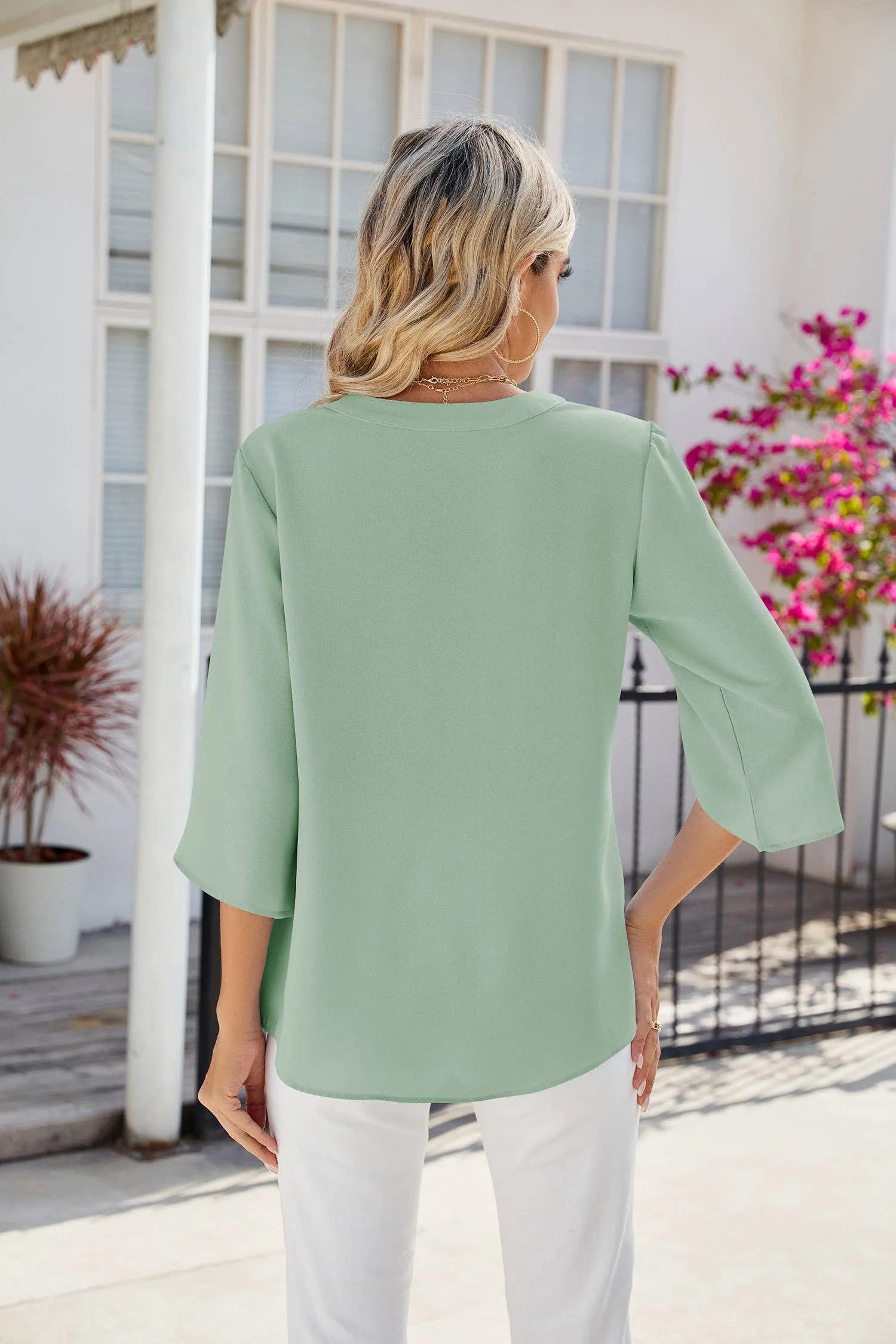 V-neck 3/4 Bell Sleeve Chiffon Top