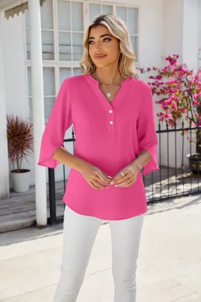 V-neck 3/4 Bell Sleeve Chiffon Top