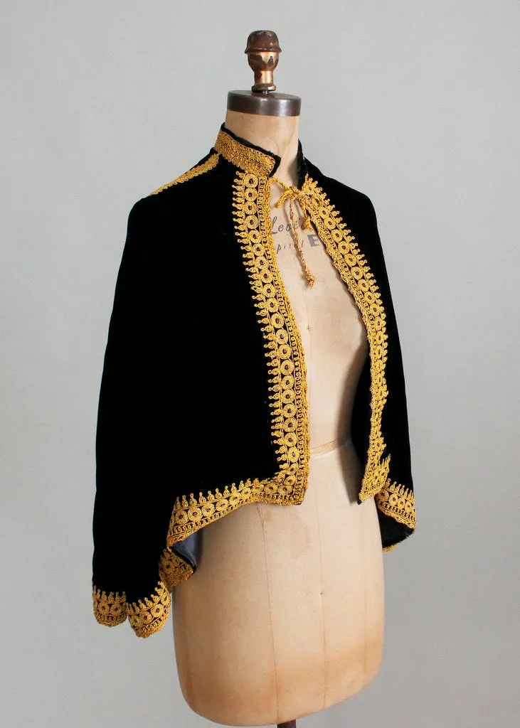 Vintage 1950s Gold Embroidered Black Velvet Cape