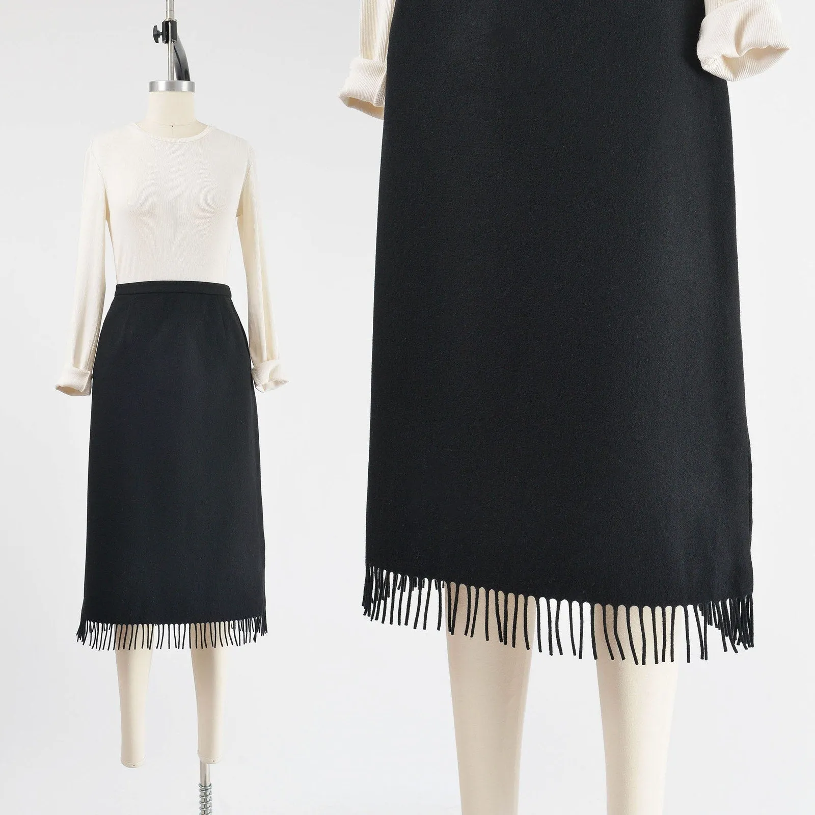 Vintage 90s Black Wool Fringe Skirt High Waisted Midi Length Pencil M