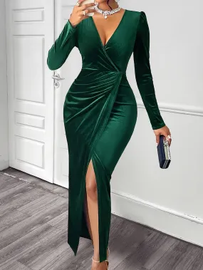 Women Solid Color V Neck Velvet Dress, Elegant Long Sleeve Ruched Split Bodycon Dress