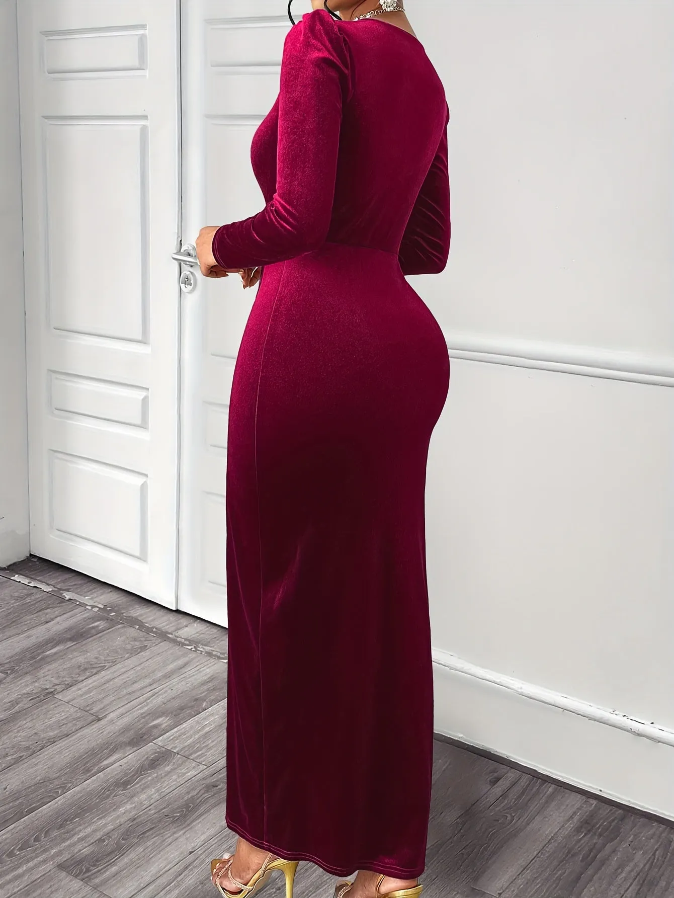 Women Solid Color V Neck Velvet Dress, Elegant Long Sleeve Ruched Split Bodycon Dress