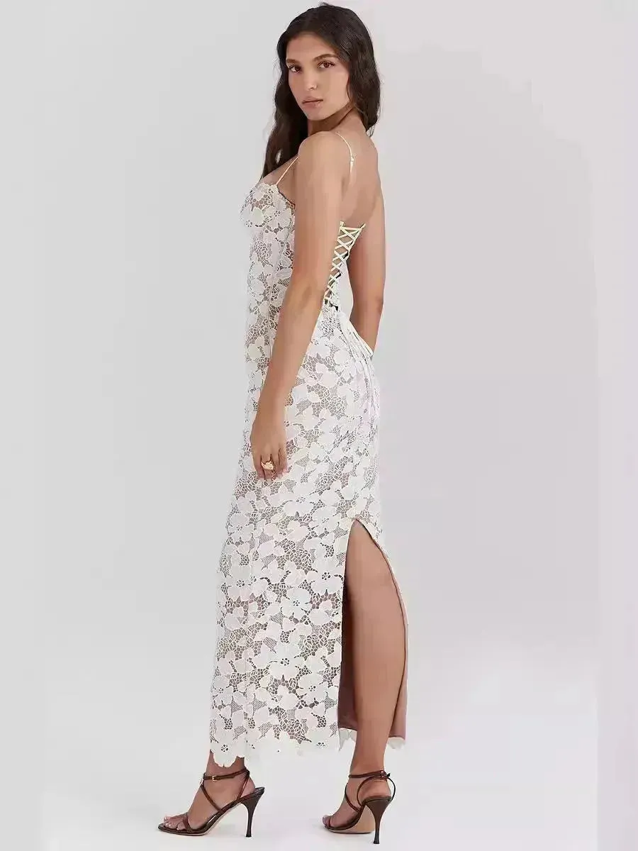 Women White Lace Wedding Dinner Party Cocktail Bodycon Spaghetti Strap Split Long Dress