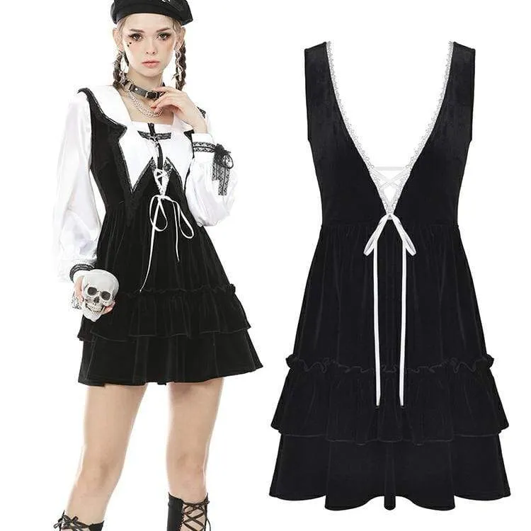 Women's Punk Multilayer Velet Black Overall Dresses