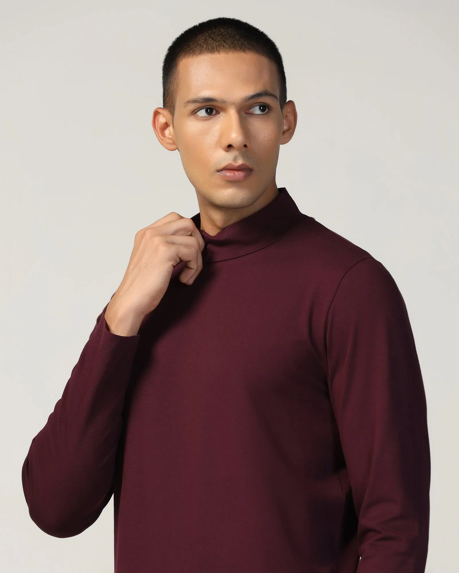 Wrap Neck Wine Solid T-Shirt - Kimmy