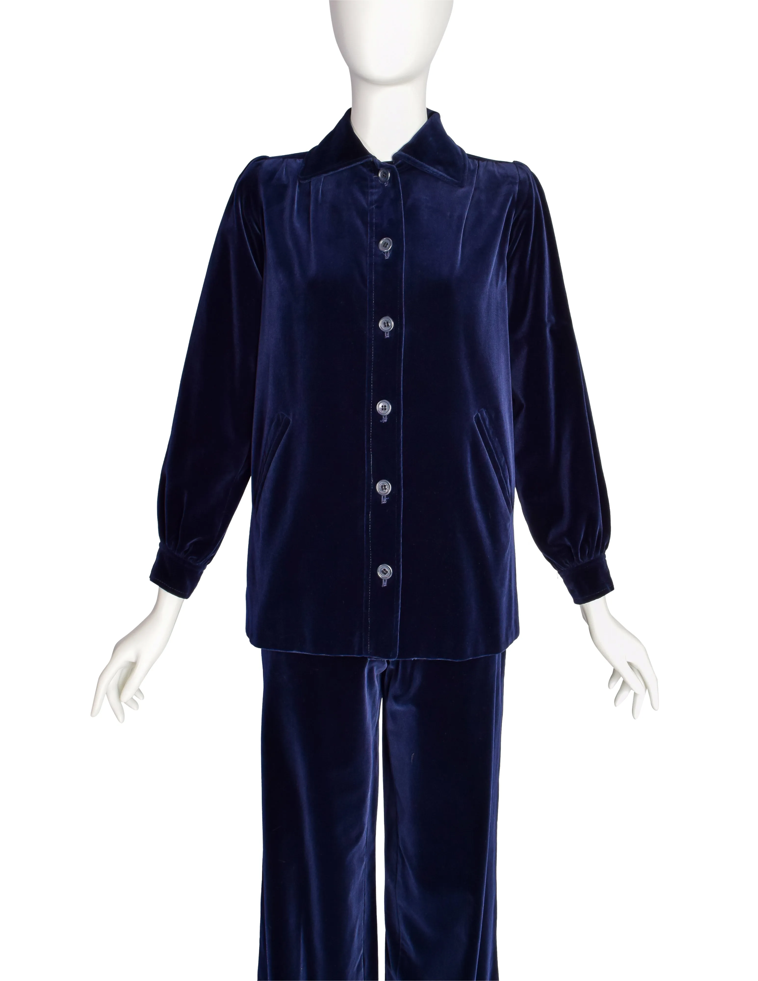 Yves Saint Laurent Vintage Early 1970s Midnight Blue Velvet Jacket Wide Leg Pant Suit Ensemble