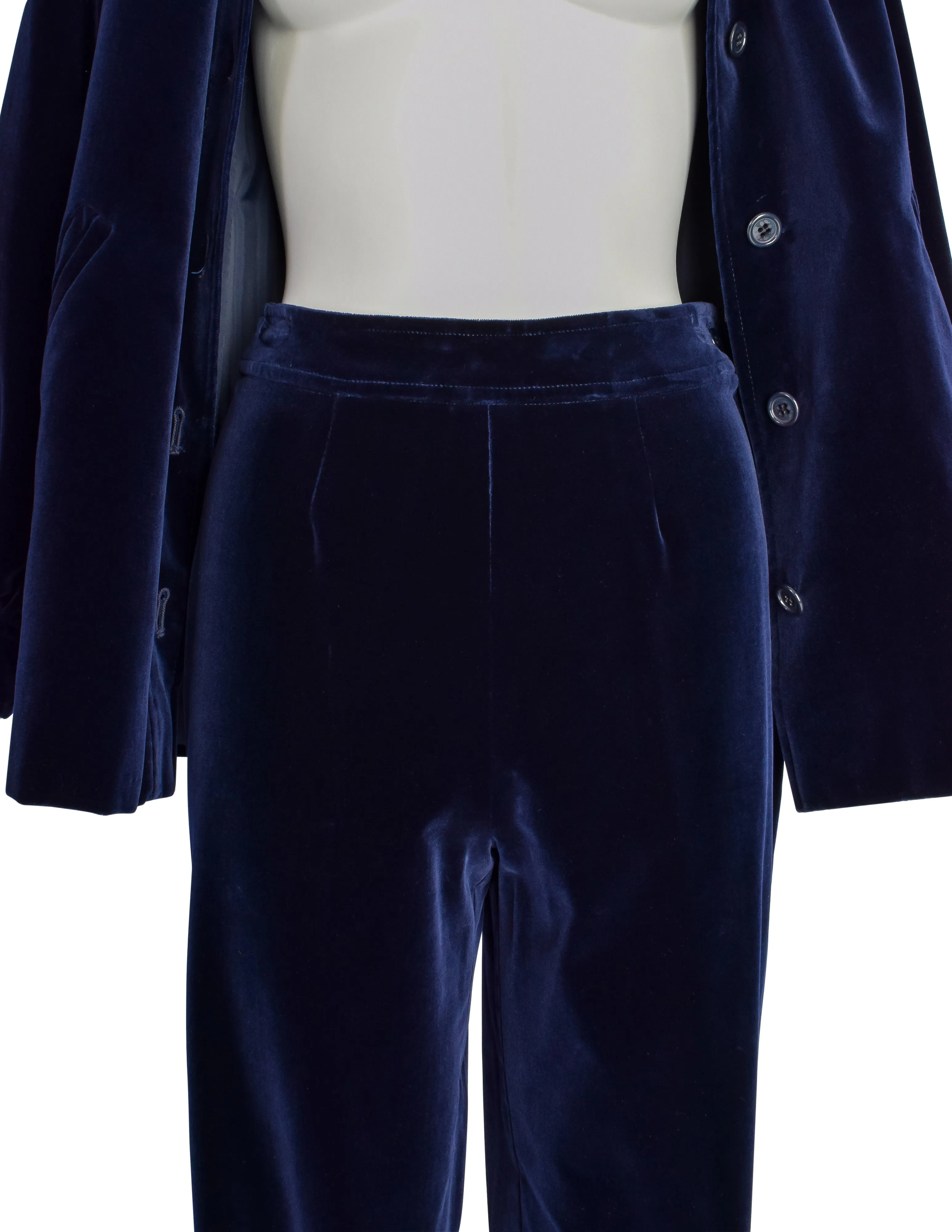 Yves Saint Laurent Vintage Early 1970s Midnight Blue Velvet Jacket Wide Leg Pant Suit Ensemble