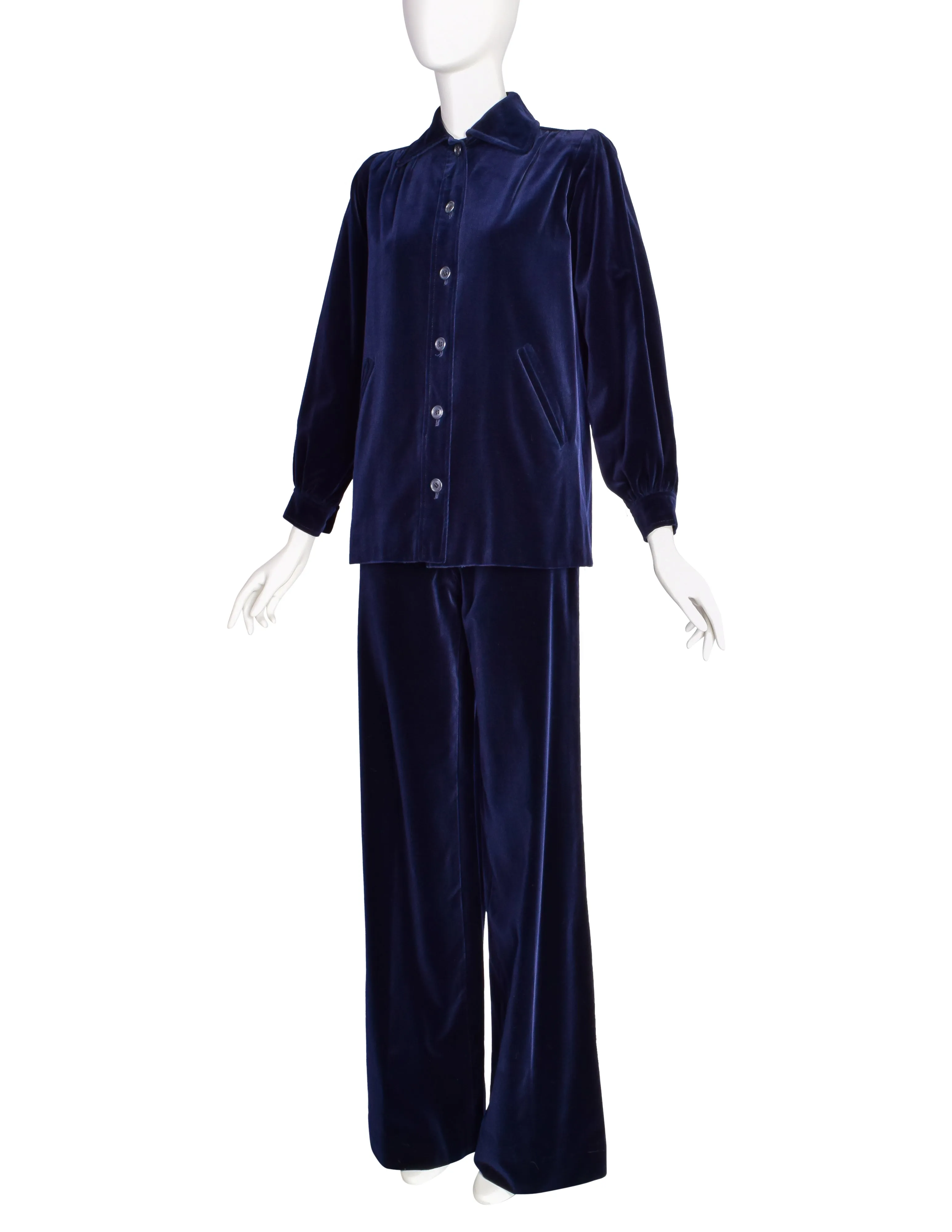 Yves Saint Laurent Vintage Early 1970s Midnight Blue Velvet Jacket Wide Leg Pant Suit Ensemble