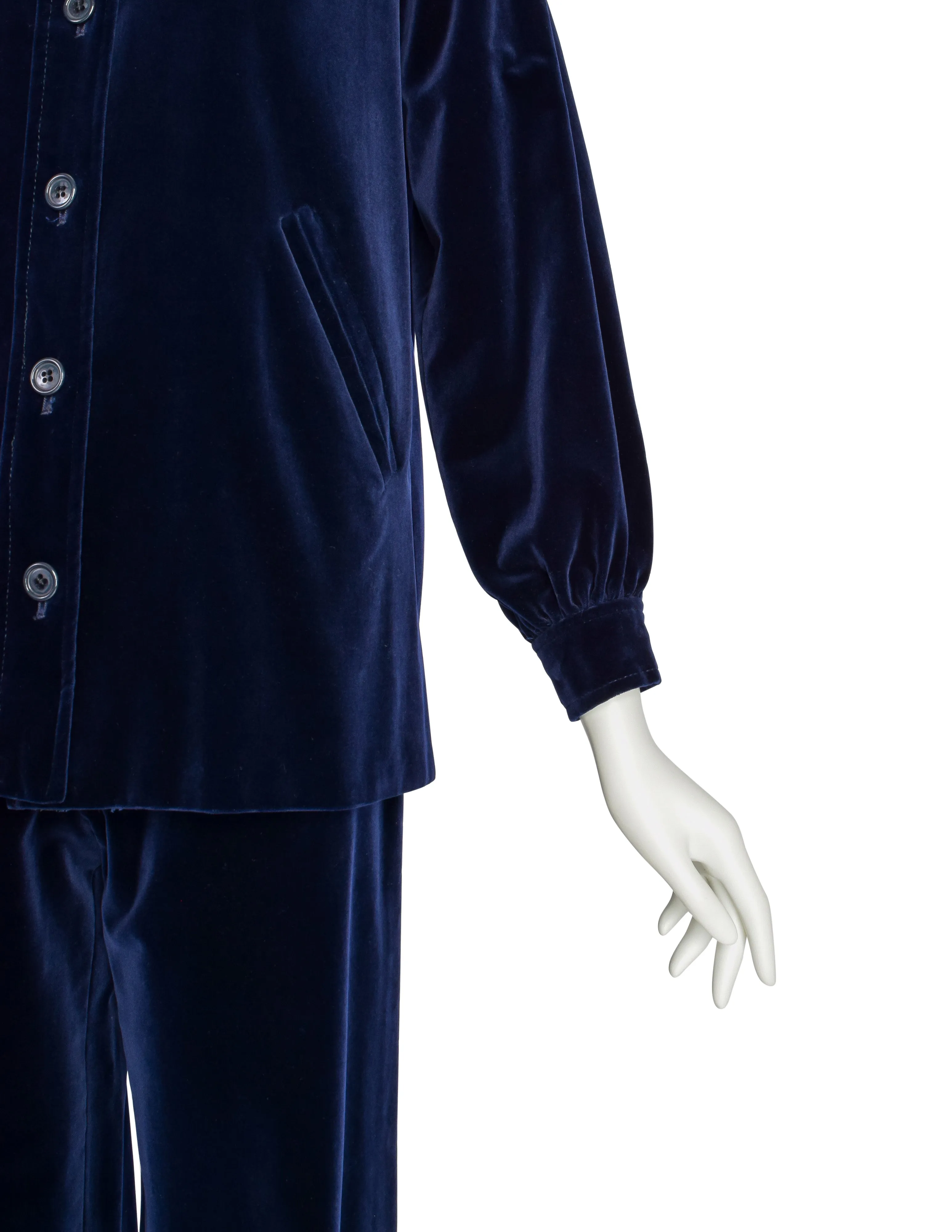 Yves Saint Laurent Vintage Early 1970s Midnight Blue Velvet Jacket Wide Leg Pant Suit Ensemble