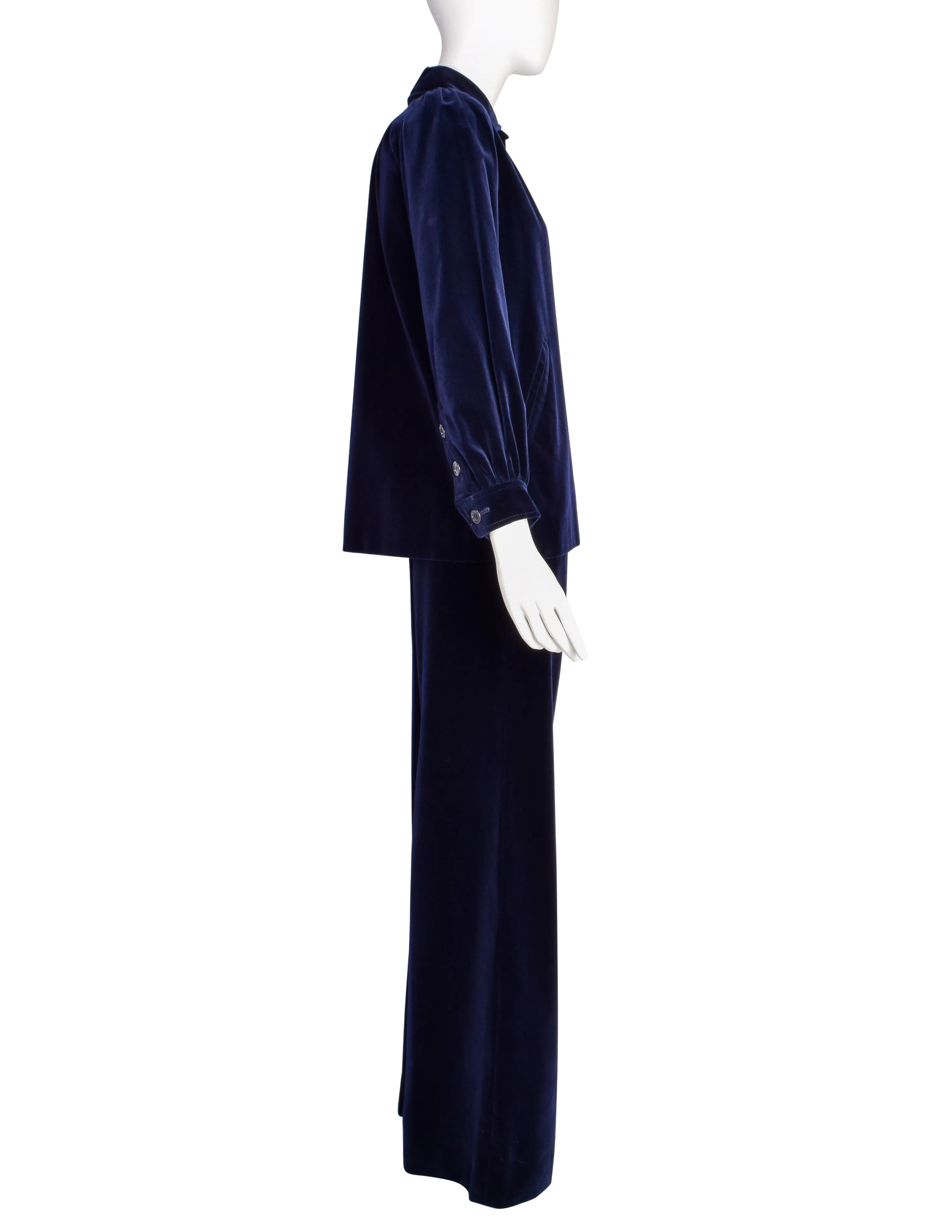 Yves Saint Laurent Vintage Early 1970s Midnight Blue Velvet Jacket Wide Leg Pant Suit Ensemble